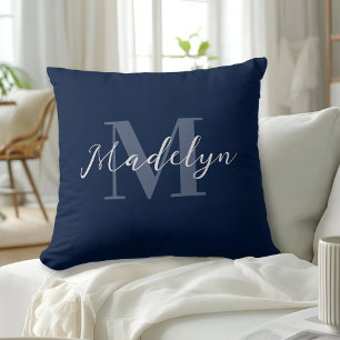 Navy Blue Modern Initial Name Monogram Throw Pillow