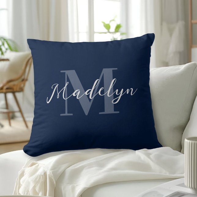 Navy Blue Modern Initial Name Monogram Throw Pillow (Creator Uploaded)