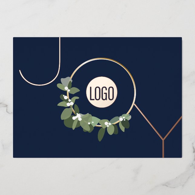 Navy Blue Modern JOY Corporate logo message Foil Holiday Card (Front)