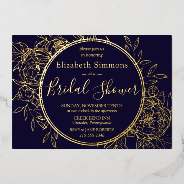 Navy Blue Modern Line Peony Toile Bridal Shower Foil Invitation (Front)