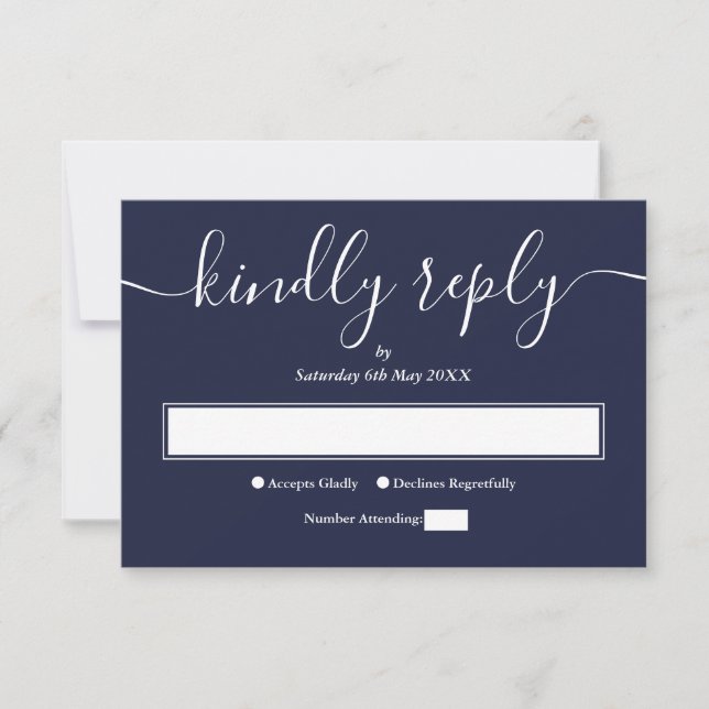 Navy Blue Modern Minimal Elegant Script Wedding RSVP Card (Front)