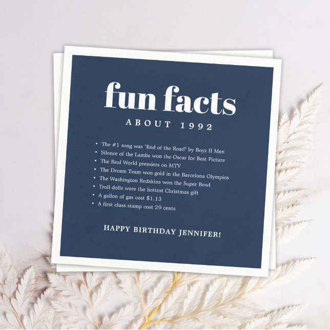 Navy Blue Modern Minimal Fun Facts Birthday Year Napkins (Creator Uploaded)