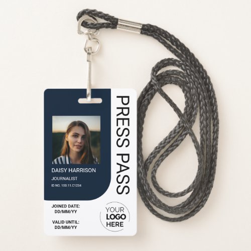 Navy Blue Modern  Minimal Press Pass Photo ID  Badge