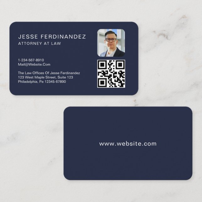 Navy Blue Modern Minimal Professional QR Code Business Card (Front/Back)