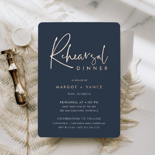 Navy Blue Modern Minimal Script Rehearsal Dinner Foil Invitation