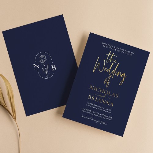 Navy Blue Modern Minimalist Classic Wedding Foil Invitation