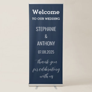 Navy Blue Modern Minimalist Elegant Wedding Retractable Banner