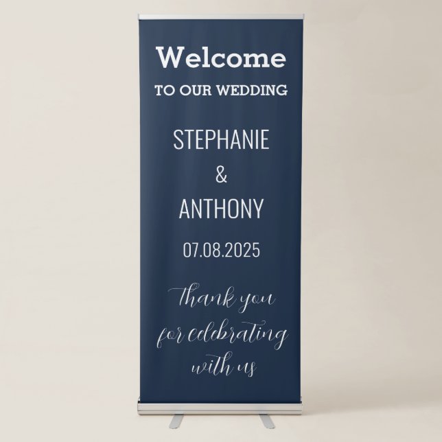 Navy Blue Modern Minimalist Elegant Wedding Retractable Banner (Front)