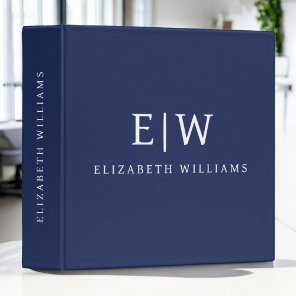 Navy Blue Modern Minimalist Monogram Name 3 Ring Binder