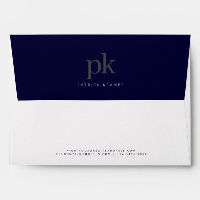 Navy Blue Modern Minimalist Monogram Office Envelope (Back (Top Flap))