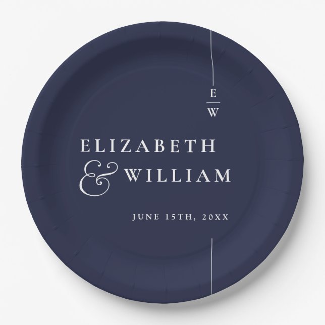 Navy Blue Modern Minimalist Monogram Wedding Paper Plates (Front)