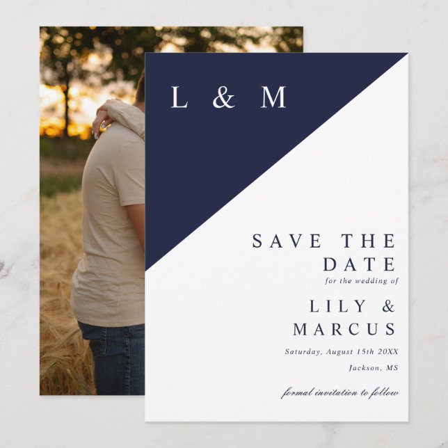 Navy Blue Modern Minimalist Monogram Wedding Photo Save The Date (Front/Back)