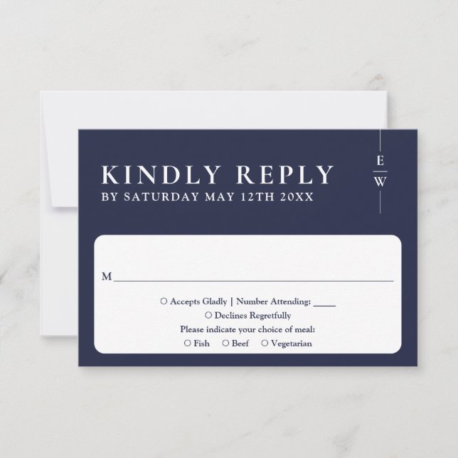 Navy Blue Modern Minimalist Monogram Wedding RSVP Card (Front)