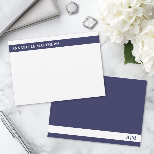 Navy Blue Modern Minimalist Name Monogram Note Card (Navy Blue Modern Minimalist Name Monogram Note Card )