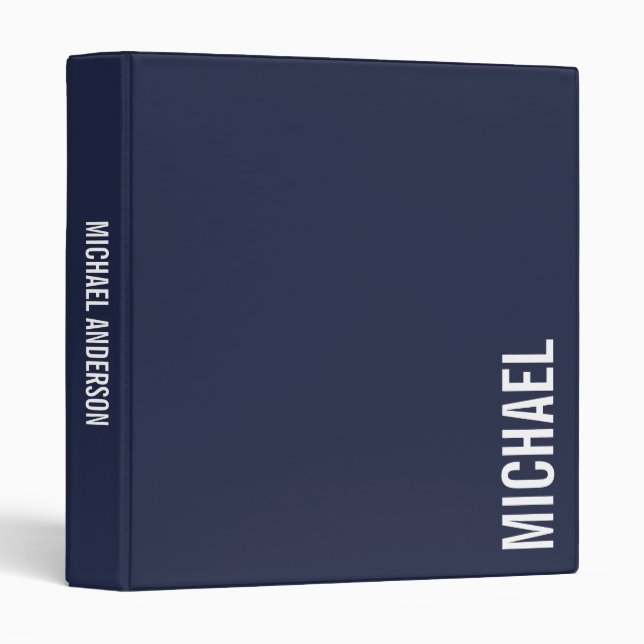 Navy Blue Modern Minimalist Personalized Name 3 Ring Binder (Front/Spine)