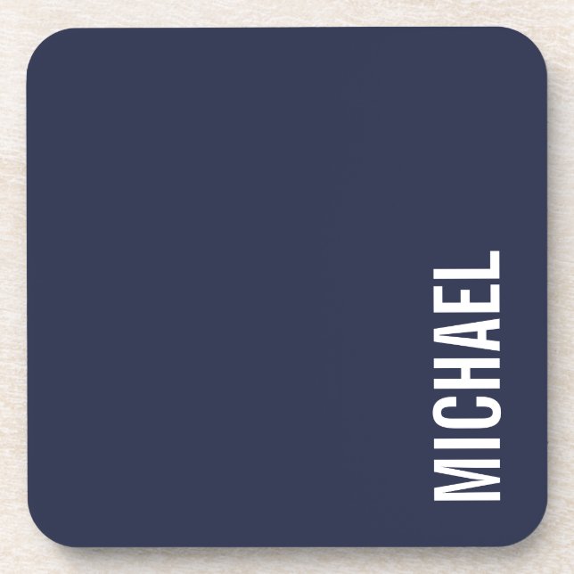Navy Blue Modern Minimalist Personalized Name Beverage Coaster (Front)