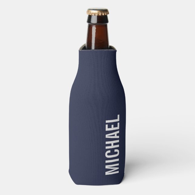 Navy Blue Modern Minimalist Personalized Name Bottle Cooler (Bottle Front)
