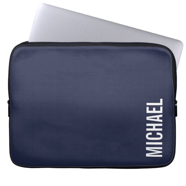 Navy Blue Modern Minimalist Personalized Name Laptop Sleeve (Front)