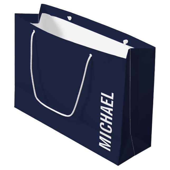 Navy Blue Modern Minimalist Personalized Name Large Gift Bag (Front Angled)