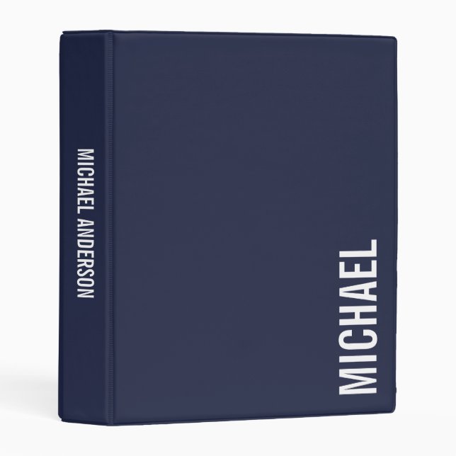 Navy Blue Modern Minimalist Personalized Name Mini Binder (Front/Spine)