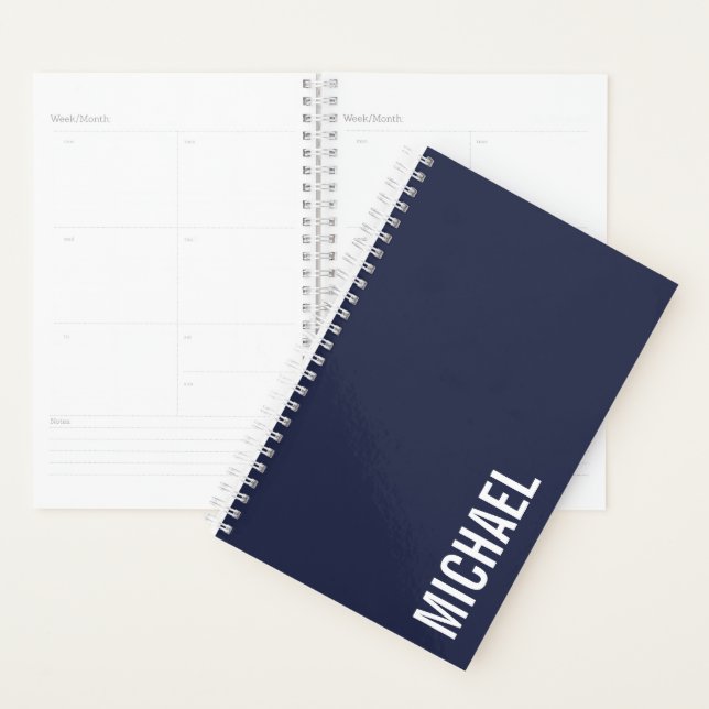 Navy Blue Modern Minimalist Personalized Name Planner (Display)