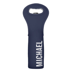 Navy Blue Modern Minimalist Personalized Name Wine Bag