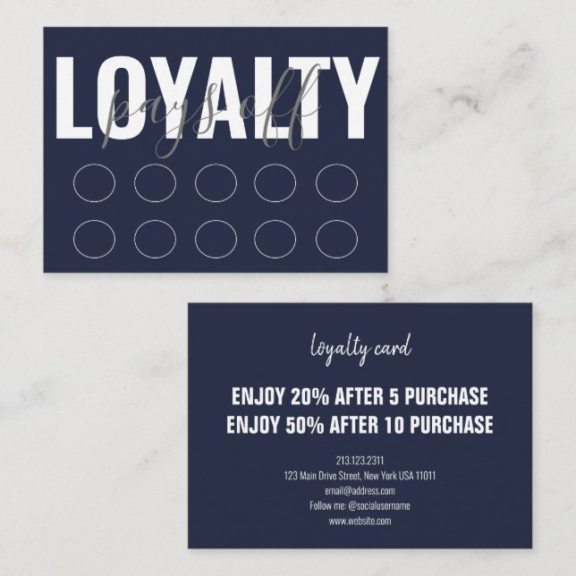 Navy Blue Modern Minimalist Punch Script Loyalty Card (Front/Back)