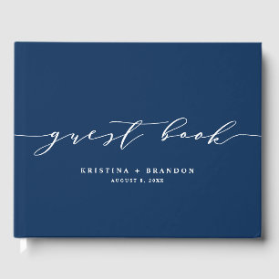 Navy Blue Modern Minimalist Script Photo Wedding Guest Book