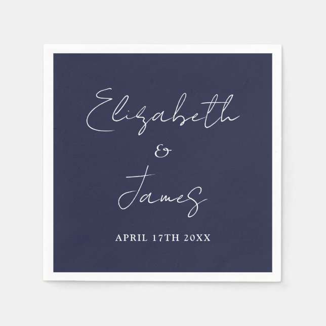 Navy Blue Modern Minimalist Script Wedding Napkins (Front)