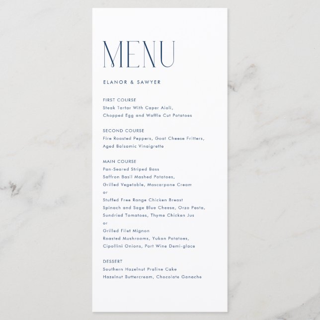 Navy Blue Modern Minimalist Typography Wedding Menu (Front)