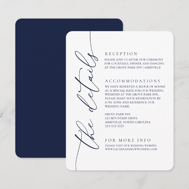 Navy Blue Modern Minimalist Wedding 2 Enclosure Card (Front/Back)