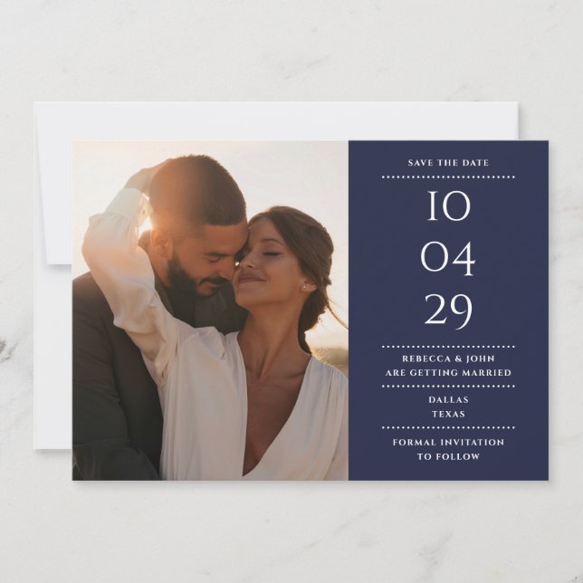 Navy Blue Modern Minimalist Wedding Photo Save The Date (Front)