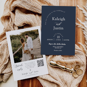 Navy Blue Modern Minimalist Wedding QR Code Photo Invitation
