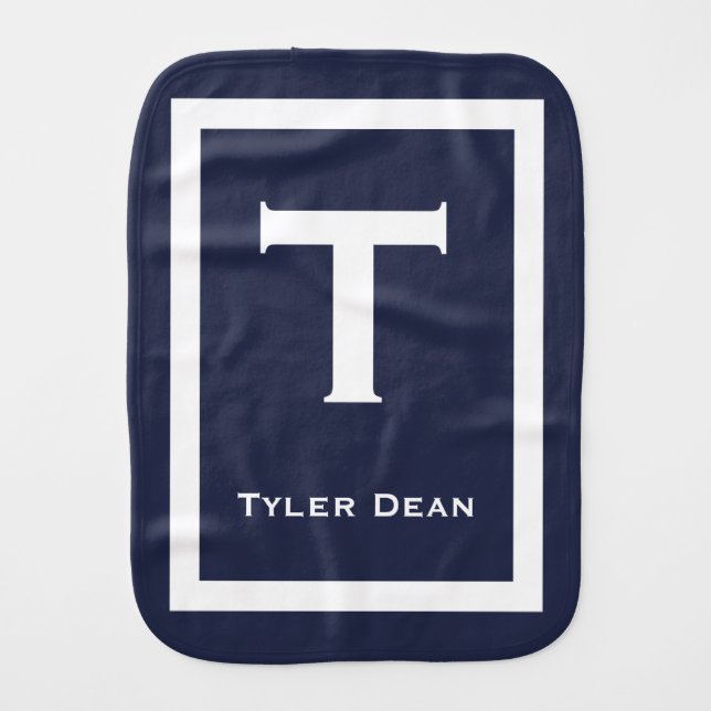 Navy Blue Modern Monogram Baby Boy Burp Cloth (Front)