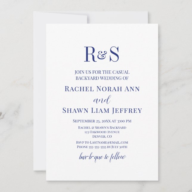 Navy Blue Modern Monogram Backyard Wedding Invitation (Front)
