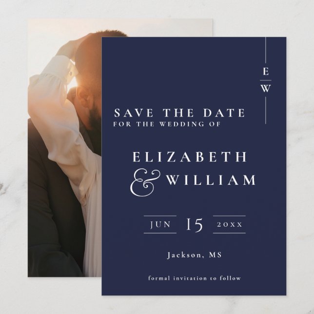 Navy Blue Modern Monogram Photo Wedding Save The Date (Front/Back)
