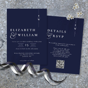 Navy Blue Modern Monogram Wedding QR Code Invitation