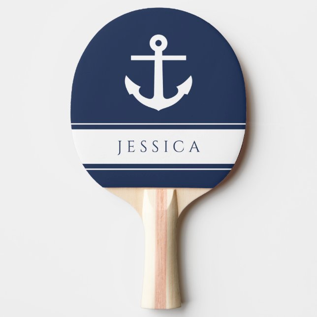 Navy Blue Modern Nautical Anchor Custom Name Ping Pong Paddle (Front)