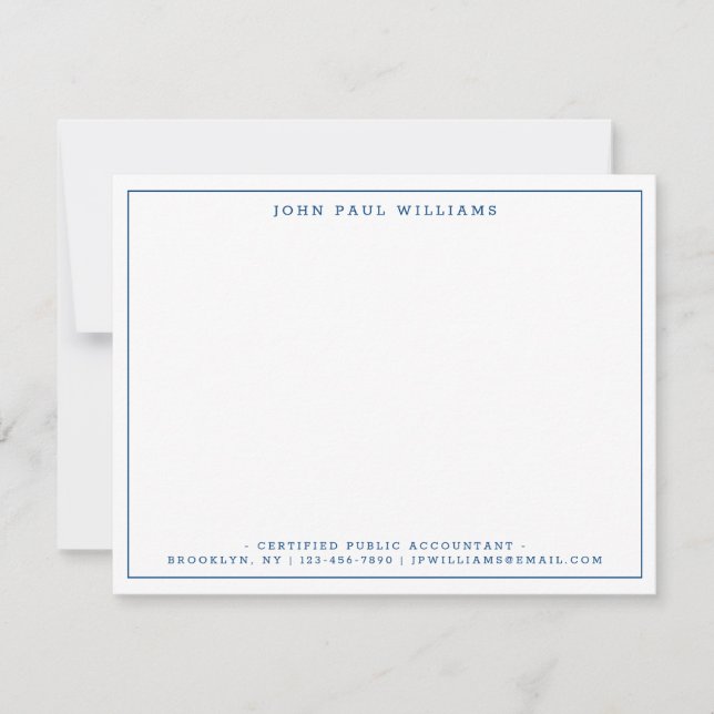 Navy Blue Modern Office Professional Thin Border Note Card (Front)