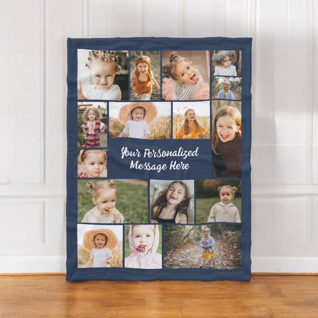 Navy Blue Modern Personalized 16 Photo Collage Fleece Blanket (Creator Uploaded)
