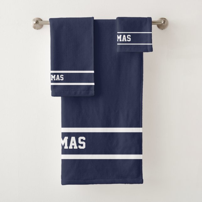 Navy Blue Modern Personalized Name Bath Towel Set (Insitu)