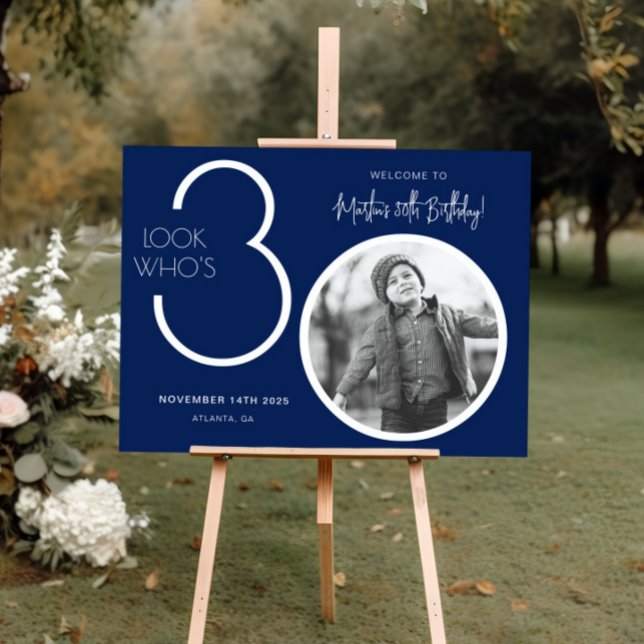 Navy Blue Modern Photo 30th Birthday Welcome Sign (Creator Uploaded)