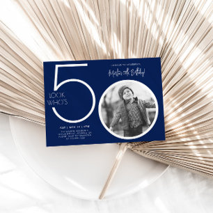 Navy Blue Modern Photo 50th Birthday Invitation