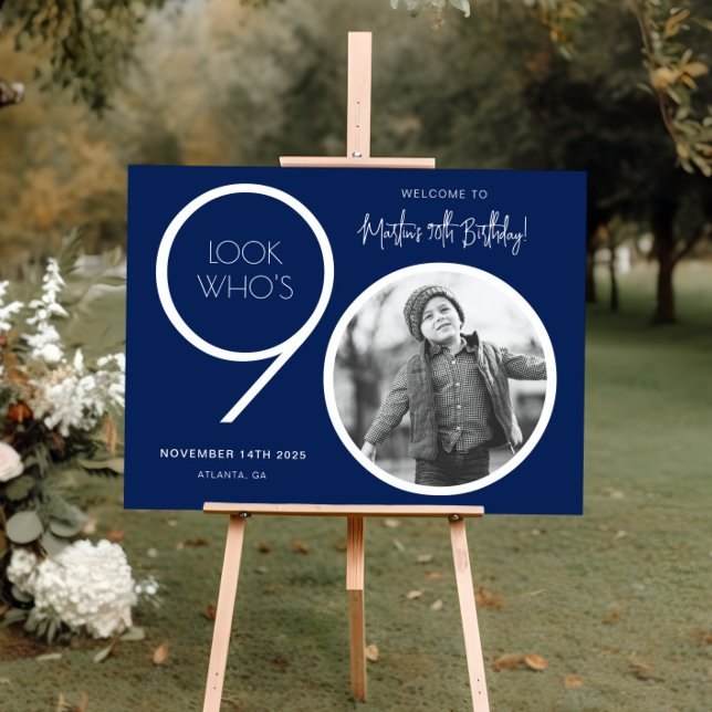 Navy Blue Modern Photo 90th Birthday Welcome Sign (Creator Uploaded)