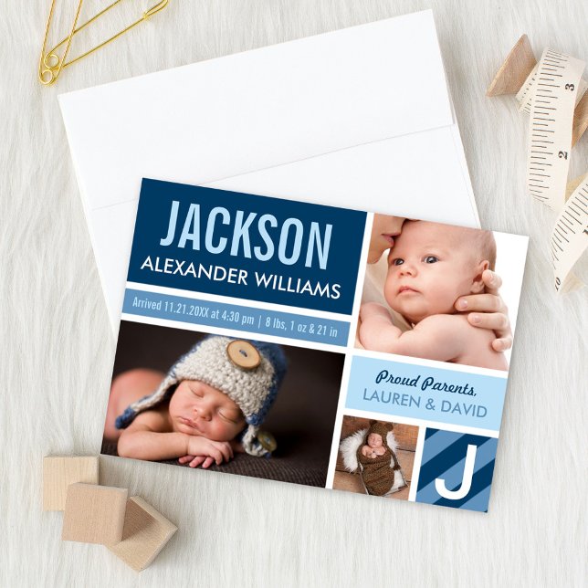 Navy Blue Modern Photo Collage Baby Boy Birth Announcement (Creator Uploaded)