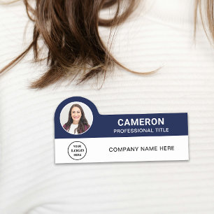Navy Blue Modern Photo Company Logo Employee Name Tag