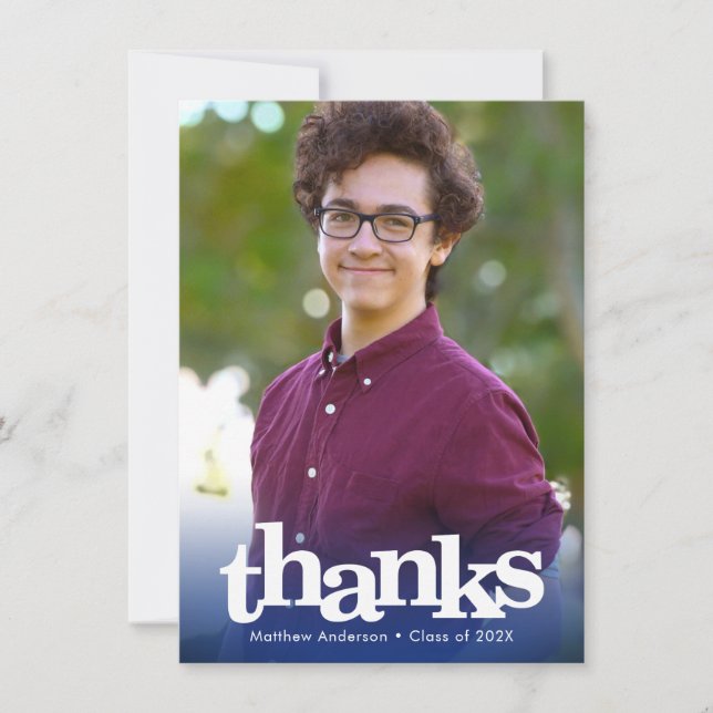 Navy blue modern photo graduation bold typography thank you card (Front)