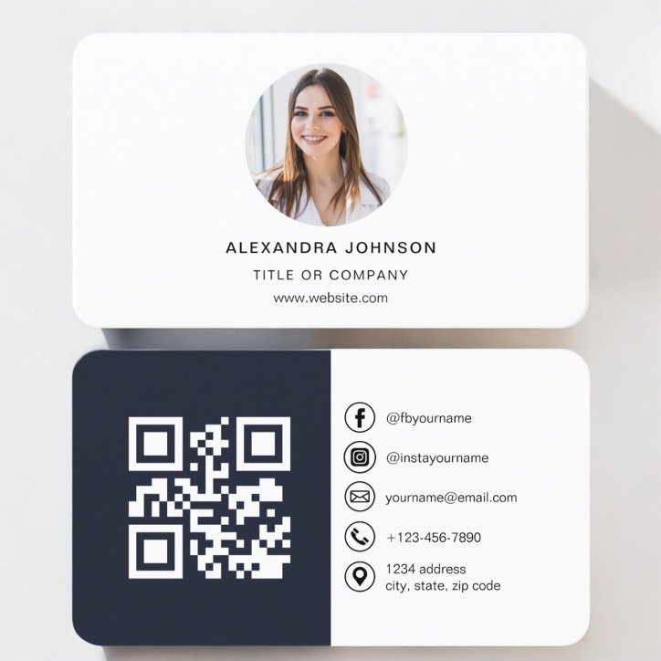 Navy Blue Modern Photo With QR Code Social Media Business Card