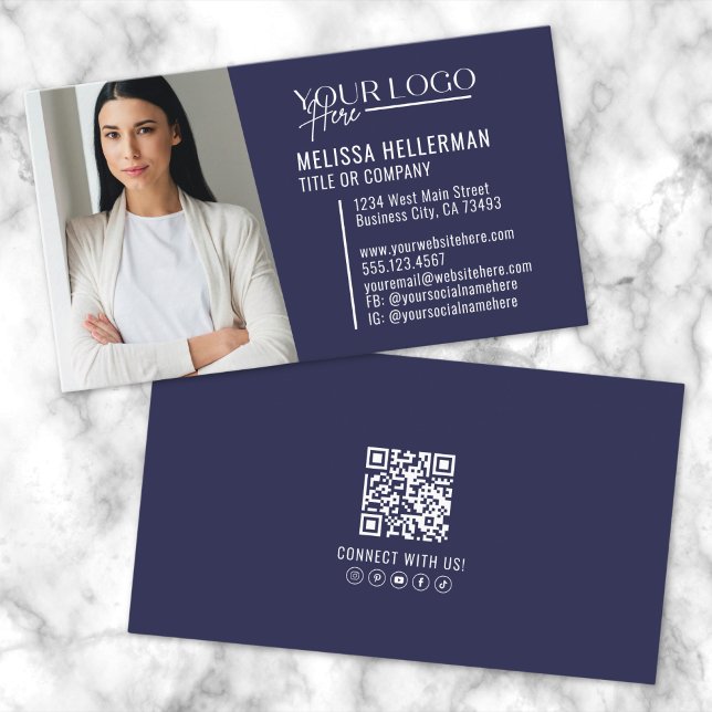 Navy Blue Modern Professional QR Code Photo Logo Business Card (Navy Blue Modern Professional QR Code Photo Logo Business Card )