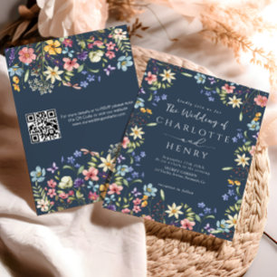  Navy Blue Modern QR Code Wildflower Wedding  Invitation
